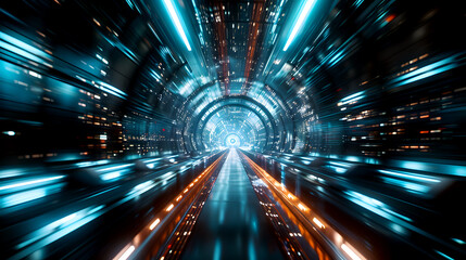 Fototapeta na wymiar Abstract Background with Futuristic Concept. Illuminated Tunnel of Energy with Fast Speed Lighting, Dynamic Motion, Technological Innovation. Fast-paced Technology, and High-Speed flowing.