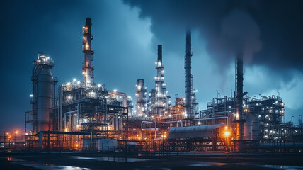 Fototapeta premium oil refinery pipe panorama, gloomy atmosphere, environmental pollution, ecology, carbon footprint