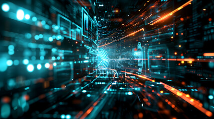 Abstract Background with Futuristic Concept. Illuminated Tunnel of Energy with Fast Speed Lighting, Dynamic Motion, Technological Innovation. Fast-paced Technology, and High-Speed flowing.