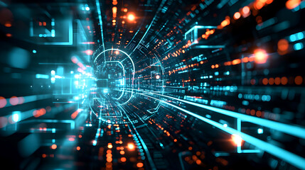 Obraz premium Abstract Background with Futuristic Concept. Illuminated Tunnel of Energy with Fast Speed Lighting, Dynamic Motion, Technological Innovation. Fast-paced Technology, and High-Speed flowing.