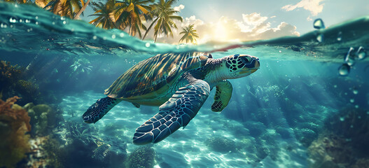 sea turtle swimming in the sea - a turtle swimming and swimming under the ocean, in the style of tropical - Powered by Adobe