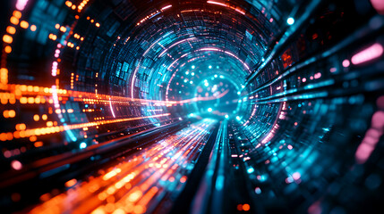 Abstract Background with Futuristic Concept. Illuminated Tunnel of Energy with Fast Speed Lighting, Dynamic Motion, Technological Innovation. Fast-paced Technology, and High-Speed flowing.