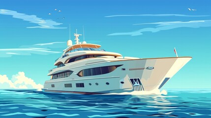 Super motor yacht at sea. Vector illustration of yacht or vessel with solid background. Luxurious ship for trip or party in the ocean, yacht illustration for rent or for sale, boat icon on the ocean - obrazy, fototapety, plakaty