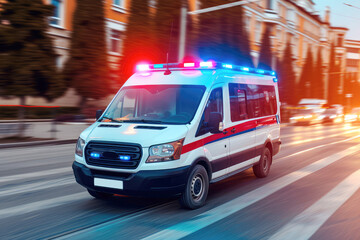 A modern ambulance drives quickly along a city street