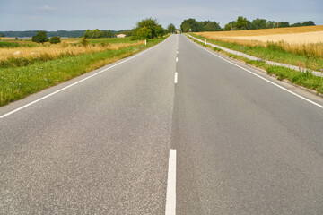 Empty asphalt road through wheat field in summer in Sweden