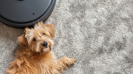Top view at shaggy pet dog lying on carpet with robot vacuum cleaner, smart home system, copy space - obrazy, fototapety, plakaty