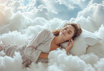 happy smiling young woman in pajamas sleeping on white clouds in the sky in sunlight