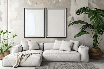 Two vertical blank frames ready for art mockups, positioned over a modern sofa in a living room with decorative plants.