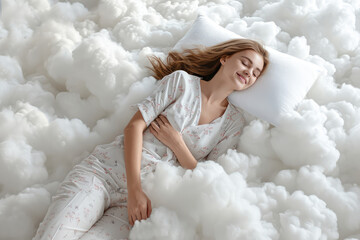 happy smiling young woman in white pajamas sleeping on white clouds, top view