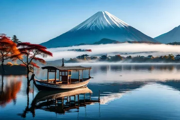 Lichtdoorlatende gordijnen Fuji mountain cover with snow boat stand in cold lake
