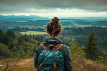 A woman with a backpack looks at the landscape. A woman in a mountain landscape
