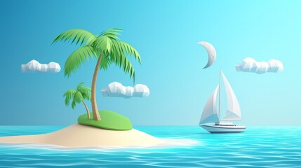 Fototapeta na wymiar Vector 3d illustration of tourist island with palm tree and yacht on the sea, uninhabeted island eco tourism vacation