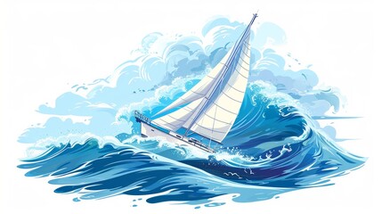 Yacht on the sea wave. Vector illustration of a yacht with sails located on the crest of a sea wave. Sketch for creativity