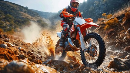 Motocross rider on the dirt road. water and dirt, dust splashes. extreme sport. Motocross. Enduro....