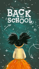 Back view of cute little girl student on blackboard background with chalk message in front of class. Back to school poster, vector illustration