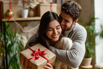 Young couple with gift for Valentine's Day hugging at home