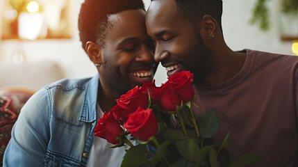 Happy african american gay couple hugging with bouquet flowers. Engagement celebration. Pride concept. Generative AI.