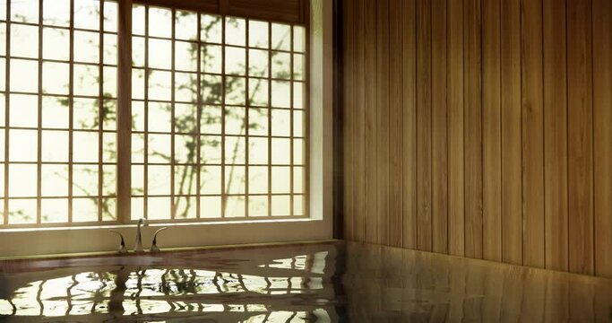 Wooden onsen Japan bathroom modern Onsen minimal style .3D rendering