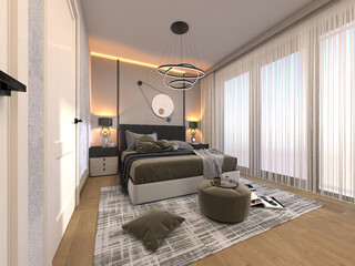 Modern Bedroom Design. Loden, white and charcoal colour. Wardrobe with lighting, spot lighting, armchair, curtains and coffee table. 3D Render