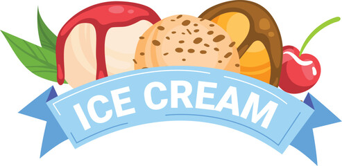 Three scoops of ice cream with cherry on top and mint leaves. Blue banner with text Ice Cream. Summer dessert and sweet treat vector illustration.