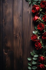 Lush Rose Border on Dark Wood: Romantic Floral Arrangement - Valentine's Day Concept
