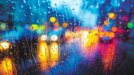 Obraz na płótnie Canvas Raindrops race down a car window, distorting the cityscape into a colorful, abstract painting, merging the melancholy of rain with the vibrant hues of urban life