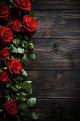 Naklejka na ściany i meble Lush Rose Border on Dark Wood: Romantic Floral Arrangement - Valentine's Day Concept