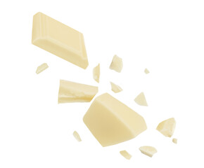  Levitating white milk chocolate chunks isolated on white background. Flying Chocolate pieces explosion, shavings and cocoa crumbs Top view. Flat lay.