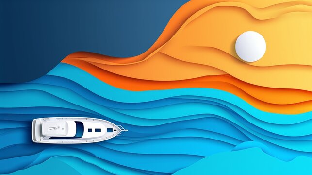 Top view river and yacht in paper cut style. 3d seaside background with pleasure boat on the lake in summertime in papercut art. Vector card illustration cut out deep wavy modern cover