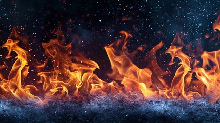 Fire flames and ice on black background