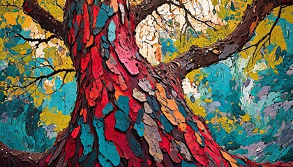 a stylized and vibrant texture of tree bark, using bold colors and dynamic strokes to create an artistic representation while maintaining the essence of trees.