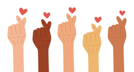 Finger heart gesture. Human hands up in the air. Symbol of love, diversity. Give and share your love. Charity, donation concept. Vector illustration in hand drawn style