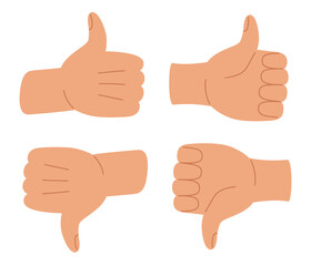 Human hands with thumb up and down sign. Like and dislike gesture. Vote or rating concept. Vector illustration in hand drawn style