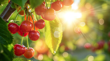 Ripe and red cherries on a tree with sun rays. generative AI - obrazy, fototapety, plakaty