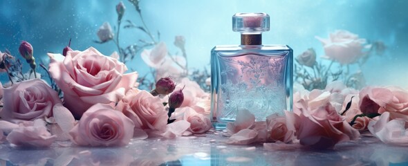 Elegant Perfume Bottle and Fresh Flowers - obrazy, fototapety, plakaty