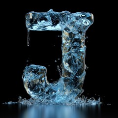 the letter J made of smooth perfect ice, black background