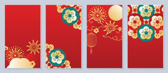 Chinese New Year cover background vector. Luxury background design with chinese pattern, firework, flower, lantern, moon, cloud. Modern oriental illustration for cover, banner, website, social media.