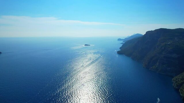 Amalfi Coast - Italy - Aerial photo taken with the drone along the coast towards the east with a view of the small island of Scoglio Vetara