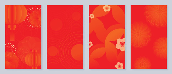 Chinese New Year cover background vector. Luxury background design with chinese lantern, flower, firework, line. Modern oriental illustration for cover, banner, website, social media. - obrazy, fototapety, plakaty