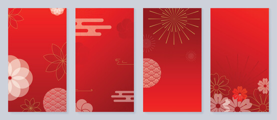 Chinese New Year cover background vector. Luxury background design with chinese pattern, flower, firework, line. Modern oriental illustration for cover, banner, website, social media.