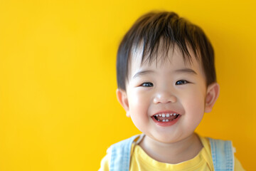 A cute happy Asian toddler in front of a yellow background