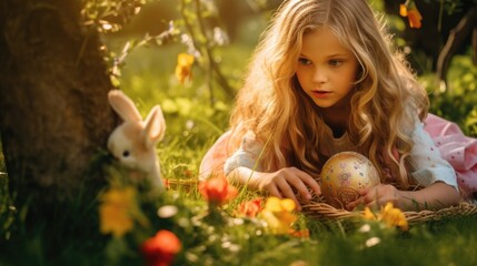 Happy Easter. the child is looking for painted eggs in the grass on a sunny day. happy childhood