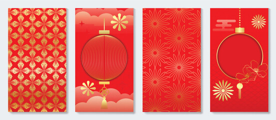 Chinese New Year cover background vector. Luxury background design with chinese pattern, flower, lantern cloud. Modern oriental illustration for cover, banner, website, social media. - obrazy, fototapety, plakaty