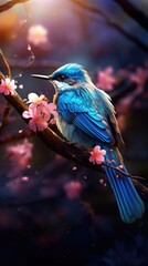 Cute little blue bird. Cute animals and birds. Spring symbol. Blue luck bird. glow and bokeh