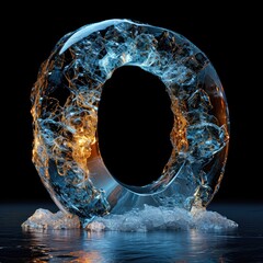 the letter O made of smooth perfect ice, black background