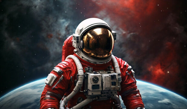 Astronaut in red suit with space background. Science fiction art. Space fantasy image with astronaut with copy space. digital art