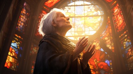 Fototapeta na wymiar elderly person in church. a woman prays near a stained glass window. gray-haired grandmother folded his hands in prayer