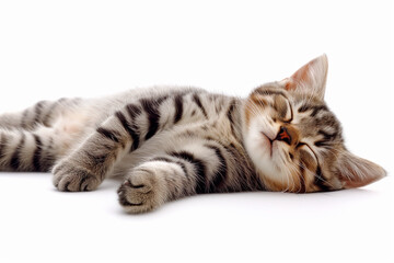 Fototapeta premium Cute striped cat lying on the couch and looking at the camera