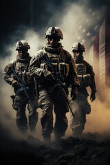 American soldiers against the backdrop of sunset and the usa flag. war and independence day. victory and patriotism