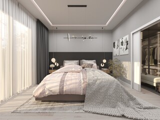 3d render of bedroom design with suspended ceiling lighting. 3d rendering